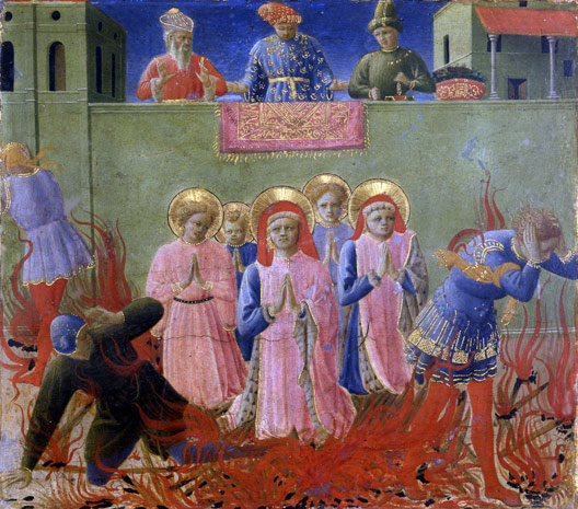 Saint Cosme et Damien venant d'être condamnés au bûcher, fresque de Fra Angelico