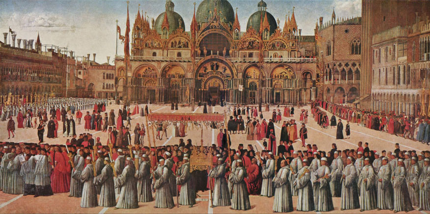 Procession de la vraie croix sur la piazza San Marco à Venise - Gentile Bellini