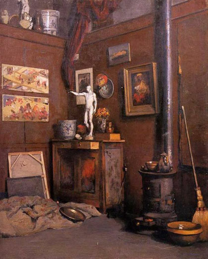 Intérieur d'un atelier avec poêle, huile sur toile de Gustave Caillebotte