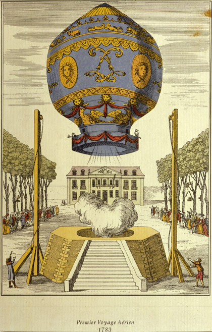 Première ascension en ballon libre par Pilâtre de Rozier et le marquis d'Arlandes, gravure anonyme