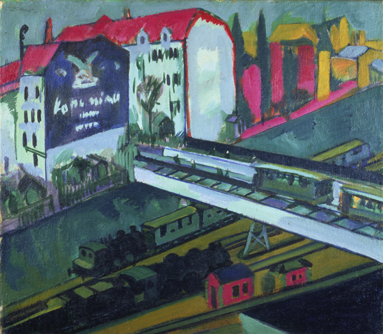 Tramway et train, vus de l'atelier de l'artiste